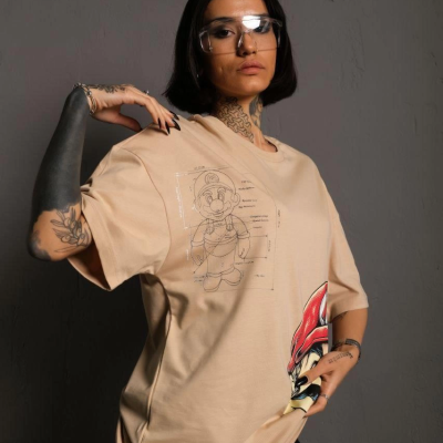 Kadın Mario Baskılı T-Shirt Oversize Kısa kol Bisiklet yaka tişort - Bej